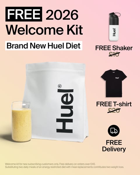 This ad is for Huel, a diet meal replacement, and promotes a new welcome kit for subscribers. The kit includes a shaker,