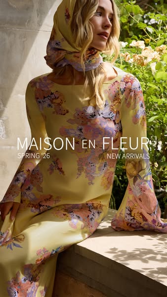 This image ad for Maison En Fleur features a model wearing a floral dress and headscarf from their Spring '26 New Ar