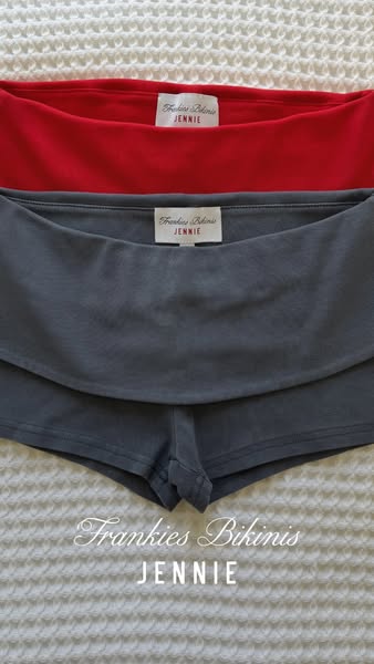 This ad showcases two pairs of Frankie's Bikinis brand underwear. The underwear is displayed on a white textured bla