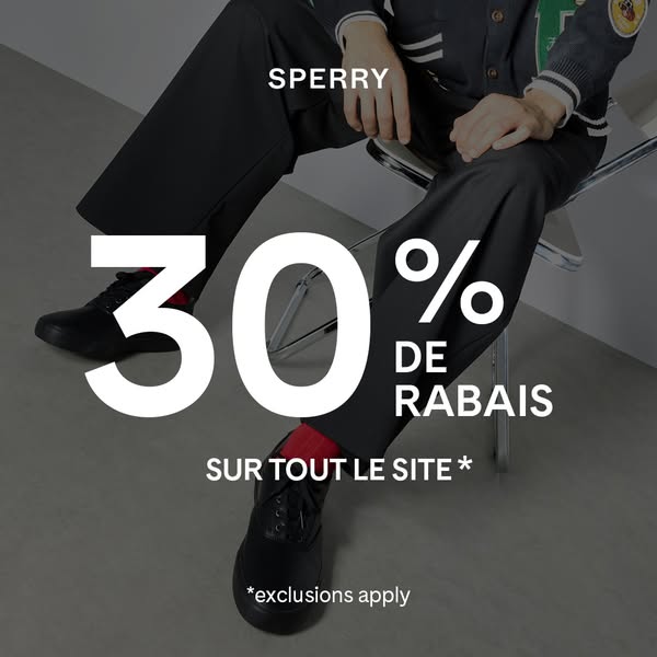 This Sperry ad features a seated person wearing Sperry shoes, accompanied by the offer of 30% off the entire site.