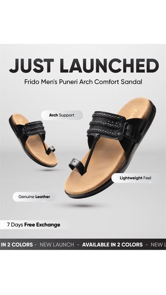 This is an image ad for Frido men's Puneri arch comfort sandals. The ad highlights the features of the sandals, incl