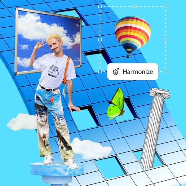 This ad features a person standing on a blue pedestal in front of a blue building with windows. The ad is promoting a fe
