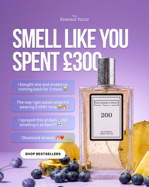 This ad for The Essence Vault perfume features social proof and shows product benefits with the main message of smelling