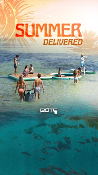 This ad features a group of people on the water using a BOTE inflatable dock. The ad highlights how the docks can be use