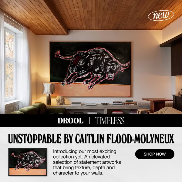 This image ad features a large painting of a bull. The painting is described as being from an exciting collection of sta