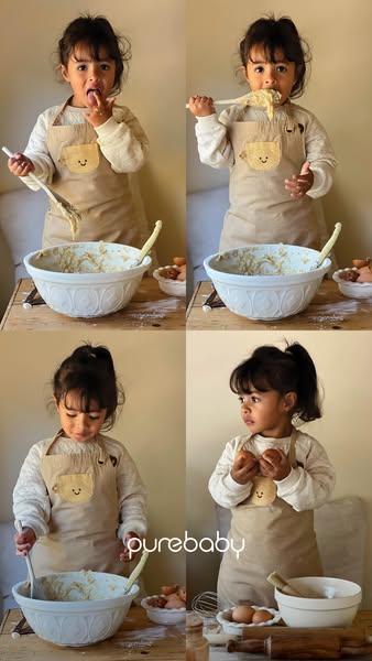 This ad from Purebaby shows a collage of four different images of a toddler appearing to bake. The toddler is wearing a 