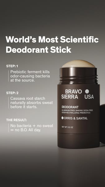 This image ad highlights Bravo Sierra's deodorant stick, emphasizing its scientific approach to combating odor and s