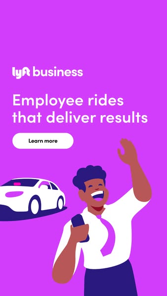 This ad for Lyft Business features a cartoon graphic of a Black man waving beside a Lyft car. The ad encourages business