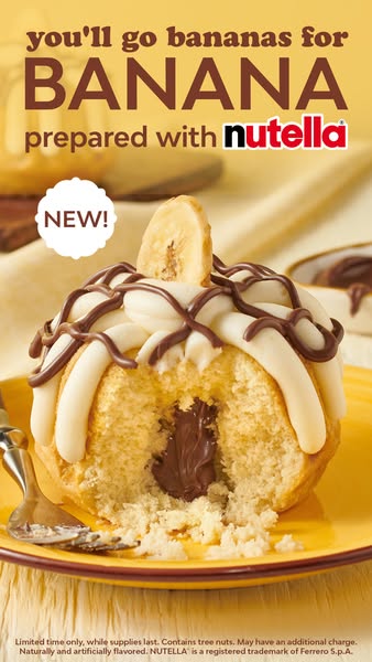 This image ad promotes a banana-flavored baked good with a Nutella filling. It highlights the product's novelty and 