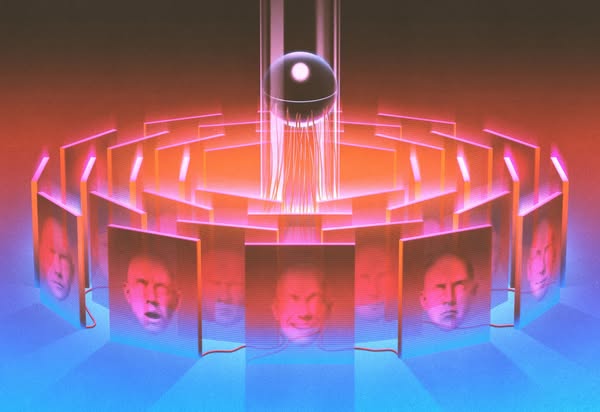 This ad features a surrealist image of a black sphere suspended over a semi-circular array of screens displaying human f