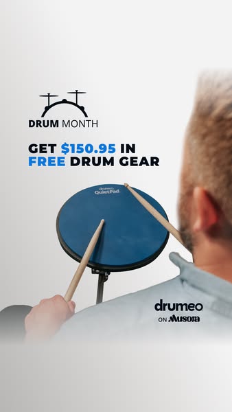This ad by Drumeo promotes its selection of free drum gear. The ad features a close-up shot of a drum pad and drumsticks
