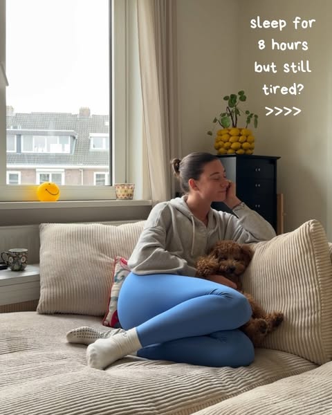 Image ad that presents the problem of sleeping for 8 hours and still feeling tired. The woman in the ad appears to be re