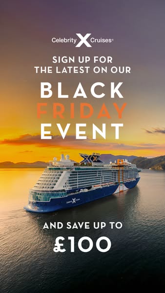This ad promotes a Black Friday event from Celebrity Cruises, encouraging viewers to sign up for the latest deals and sa