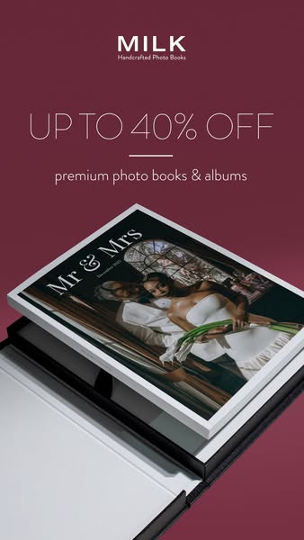 A MILK Books ad featuring a premium photo book and an offer of up to 40% off.
