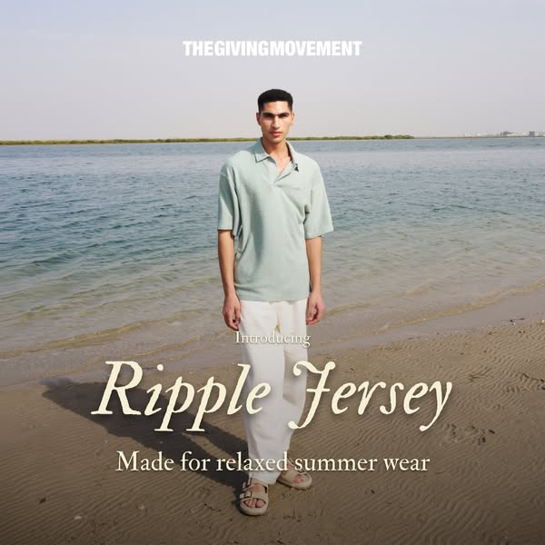 This ad showcases The Giving Movement's Ripple Jersey collection, highlighting its relaxed summer wear. It features 