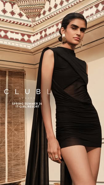 The ad features a woman wearing a black dress. The text highlights the brand name and season.