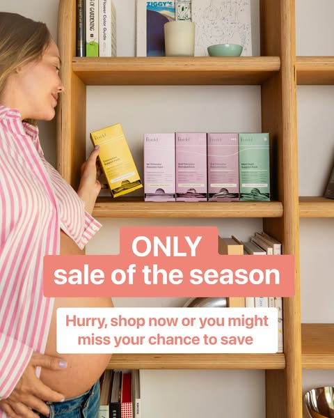 An image ad promoting the brand Fechl, featuring a pregnant woman standing next to a shelf displaying several of their p