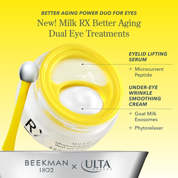 This ad for Beekman 1802's Milk RX Better Aging Dual Eye Treatments features an up-close view of the product, and po