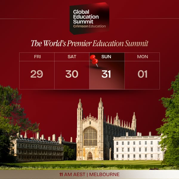 This ad promotes the Global Education Summit by Crimson Education. The ad showcases the event's name, dates, and loc