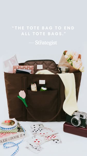 This ad features a dark brown tote bag, showcasing its capacity and design, alongside a testimonial from The Strategist,