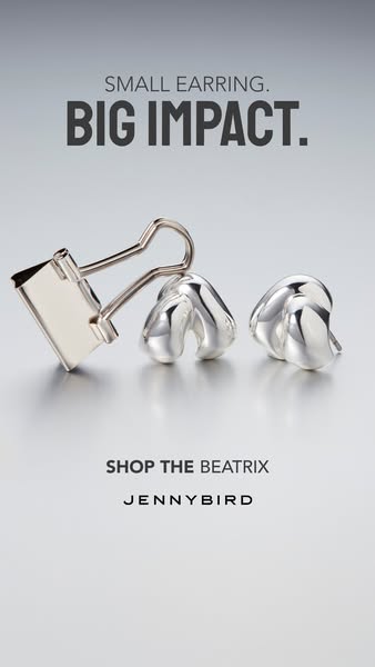 This ad showcases the Jenny Bird Beatrix earrings. The focus is on the earring's design and how small earrings can m