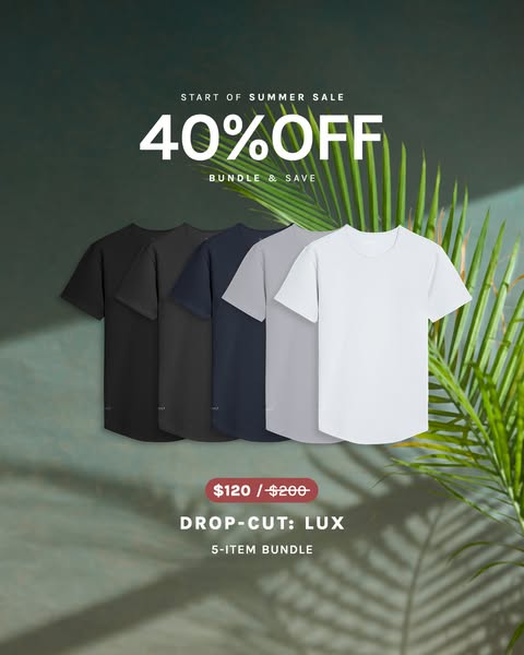 This ad showcases a bundle of five lux drop-cut shirts available at a discounted price during a start-of-summer sale. Th