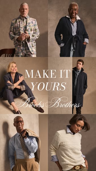 A six-panel grid ad for Brooks Brothers, showcasing various models wearing the brand's clothing. The ad emphasizes i