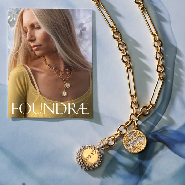 This image ad features a long gold chain necklace with two coin pendants, presented next to a square image of a woman we