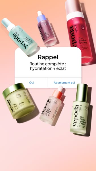 This ad features multiple skincare products from Yepoda presented as a flatlay mimicking a mobile app notification to dr