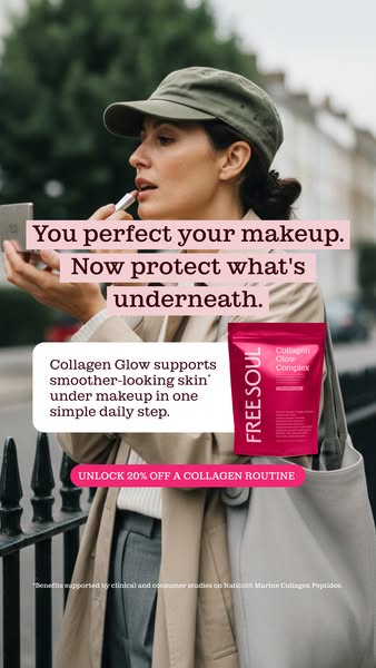 This ad features a woman applying lipstick and promotes Free Soul's Collagen Glow Complex as a way to protect the sk