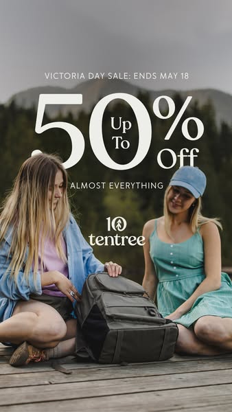 This image ad promotes a Victoria Day sale from Tentree, featuring 50% off almost everything. Two women are pictured out