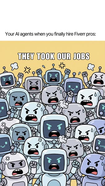 The image ad shows a large group of disgruntled robots with various angry expressions. The text implies that real people