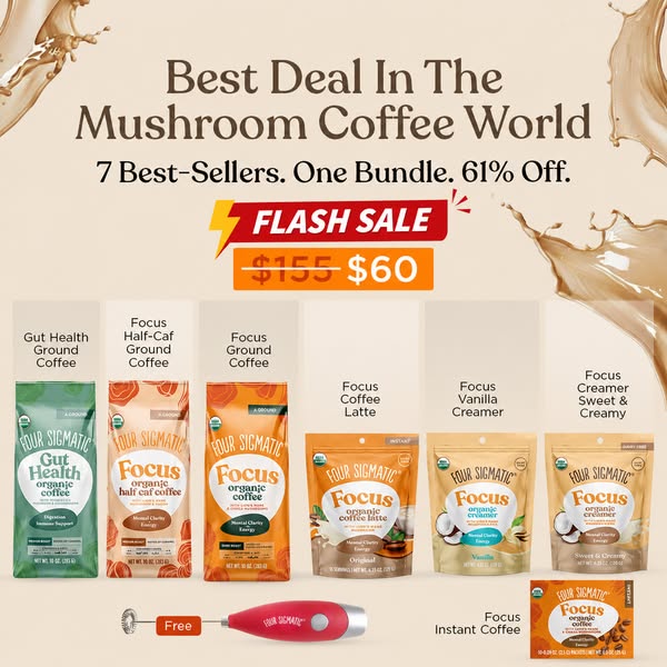 This image ad promotes a bundle of 7 best-selling mushroom coffee products from Four Sigmatic at a discounted price. It 