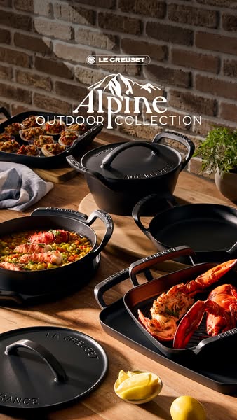 This ad features the Le Creuset brand showcasing their Alpine Outdoor Collection. The focus is on the quality and design