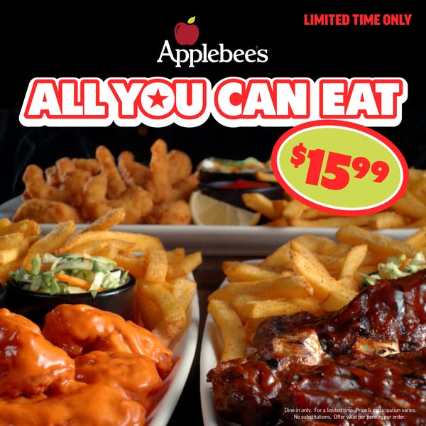 This image ad for Applebee's promotes their all you can eat deal for $15.99. The deal includes ribs, wings, fried sh