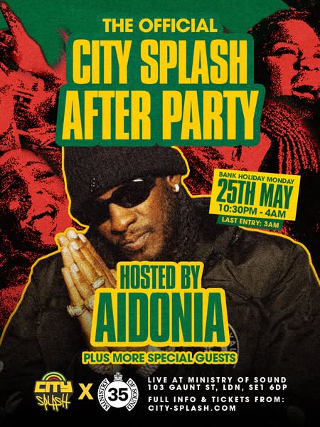 This image ad is for the official City Splash after party, hosted by Aidonia with more special guests. It takes place on