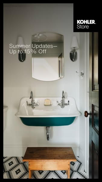 This image ad for Kohler promotes summer updates with up to 15% off. The ad features a bathroom sink and countertop setu