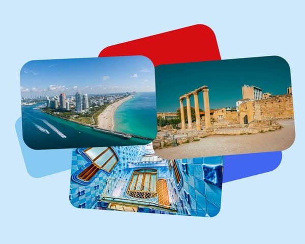 This ad features a collage of images. The images show different travel destinations around the world, potentially advert
