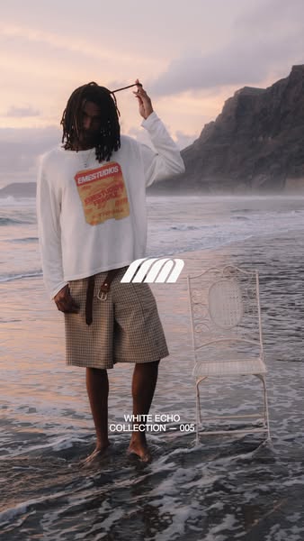 An image ad showing a male model on the beach. He is wearing clothing from the White Echo Collection, which is advertise