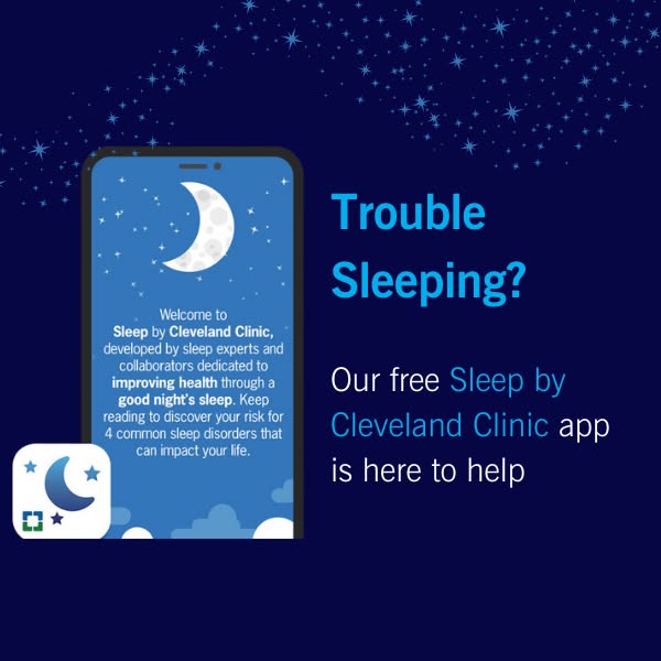 This ad promotes the Sleep by Cleveland Clinic app, designed to help users discover their risk for common sleep disorder