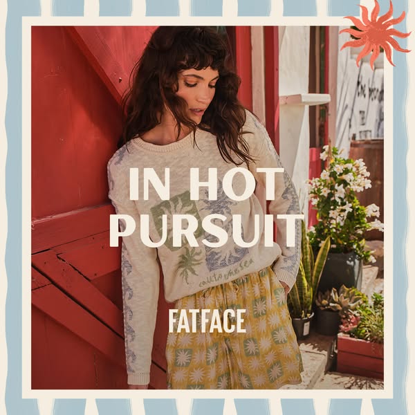This ad for FatFace features a woman wearing a cream-colored palm tree patterned sweater and patterned yellow shorts, st