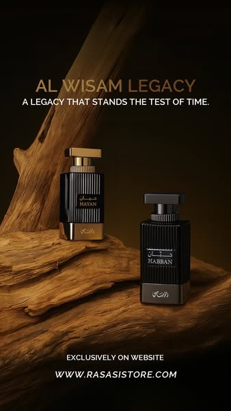 An image ad for Rasasi Al Wisam Legacy and Habban perfumes, showcasing the products on a wooden surface and highlighting