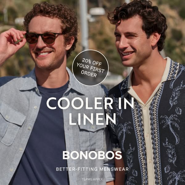 This image ad for Bonobos features two men wearing linen shirts. The ad promotes Bonobos' linen shirts and offers 20