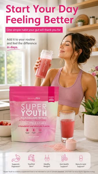 This ad promotes SkinnyFit Super Youth Multi-Collagen Peptides, highlighting its benefits for digestion, skin, weight, g