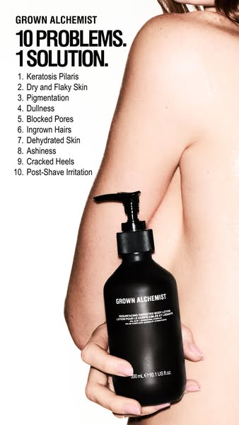 An image ad for Grown Alchemist body lotion showing a list of ten skin problems and claiming to be a solution.
