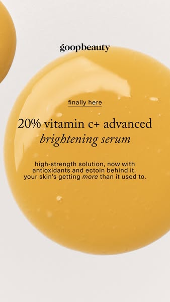 This image ad for Goop Beauty's 20% Vitamin C+ Advanced Brightening Serum highlights the product's high-strength