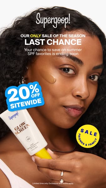This image ad by Supergoop! promotes the brand's sunscreen product, Glow Screen, and highlights a limited-time 20% o