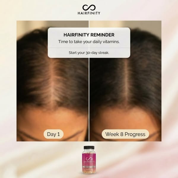 This ad is for Hairfinity hair vitamins and shows the progress of hair growth in the "before" and "after&