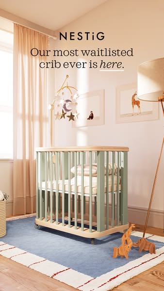 This image ad for Nestig features a stylish, modern crib in a nursery setting. The ad highlights the crib's populari
