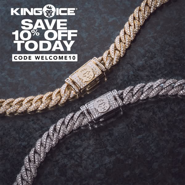 This image ad for King Ice showcases two iced-out Cuban link chains, one in gold and one in silver. The ad promotes a li